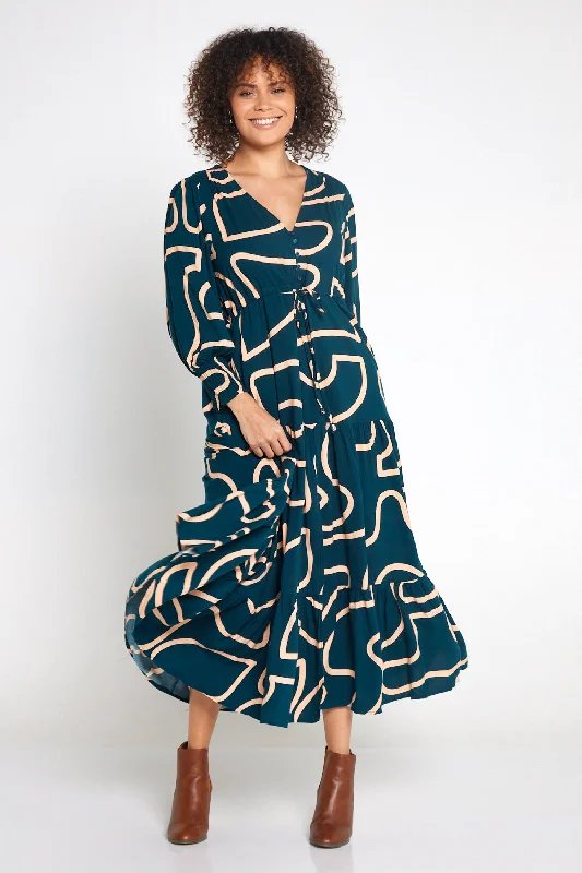 Casual Chic Makena Long Sleeve Maxi - Teal/Beige Today Only