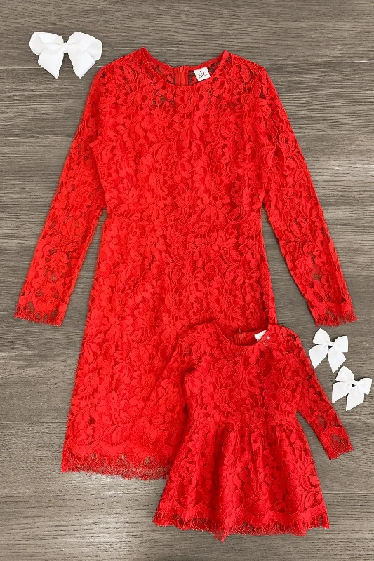 Stupidly Low Prices Mom & Me - Red Lace Long Sleeve Dress Weekend Special