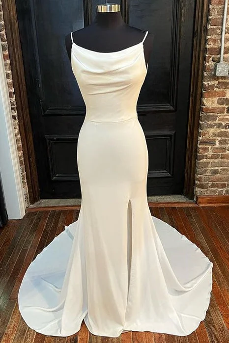 Huge Price Cut White Cowl Neck Backless Mermaid Long Wedding Dress with Slit Final Clearance