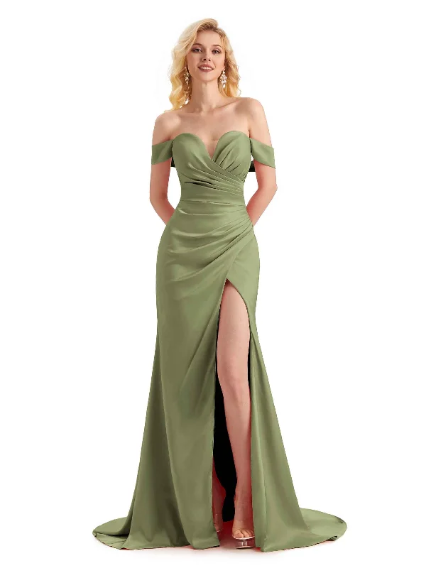 Exclusive Deals Online Sexy Soft Satin Side Slit Off The Shoulder Mermaid Long Gown For Wedding Guest Casual Weekend Relaxed Style