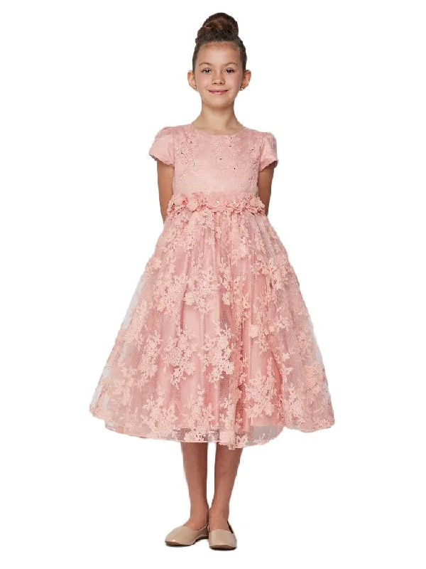 Street Chic Discounts Big Girls Dusty Pink French Chantilly Lace T-Length Junior Bridesmaid Dress 8-12 Effortless Grace