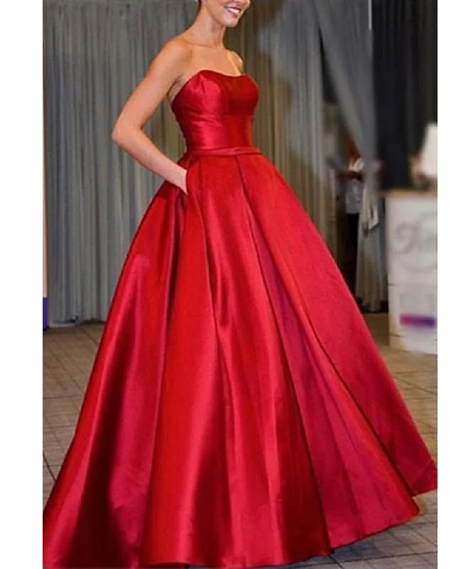 Fashion Deal Gorgeous Red A Line Satin Long Party Prom Graduation Dress Evening Pageant Gowns for Girls with Pocket PL01230 Bold Silhouette