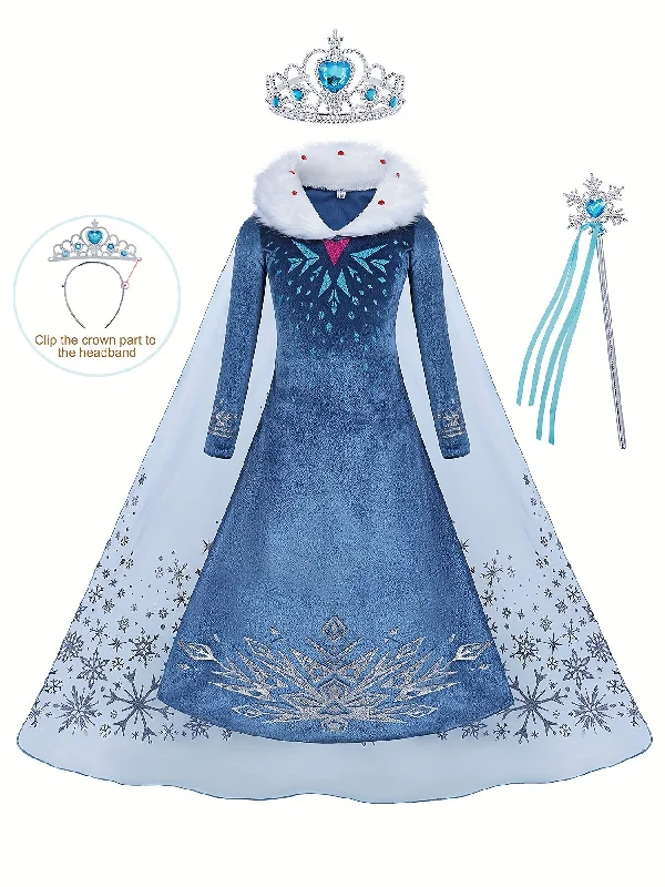 Fashion Essentials Girl's Princess Dress, Furry Collar Mesh Cape Snowflake Print Long Sleeve Dress, Ice Snow Queen For Halloween Holiday Party Prom Birthday Performance Floral Style