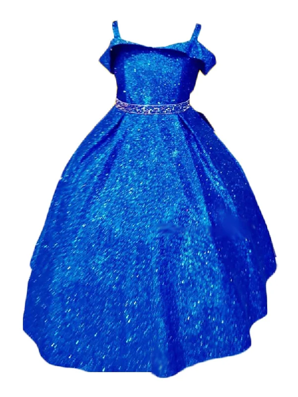 Stay Ahead In Style Big Girls Royal Blue Metallic Off Shoulder Junior Bridesmaid Dress 8-16 Vibrant Prints