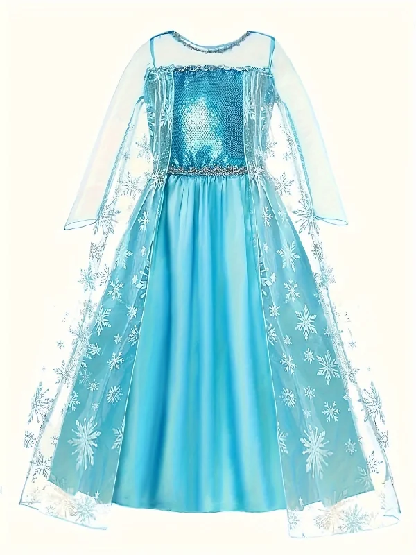 Evening Elegance Majestic Snowflake Princess Tutu Dress - Long Sleeve, Mesh Spliced, Sequin Decorated, Cape Attached, Perfect for Performance and Dress Up Weekend Special