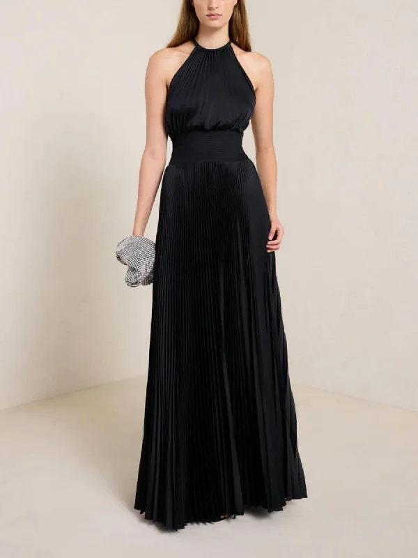 Explore What'S New Renata Satin Pleated Dress In Black Effortless Sophistication