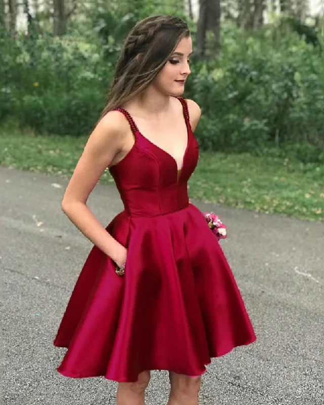 Chic And Edgy Siaoryne Junior Girls Red Short Homecoming Dress Satin Spaghetti Backless with Pockets Graduation Party Gown SP9922 Parisian Effortless Chic Style