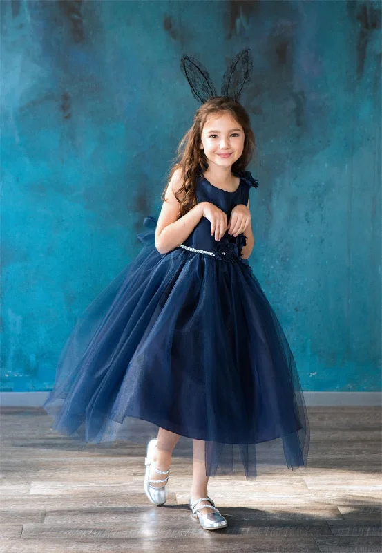 Massive Savings Big Girls Navy Beaded Flower Appliques Tulle Junior Bridesmaid Dress 8-16 Great Deals on Ethnic Cultural Wear