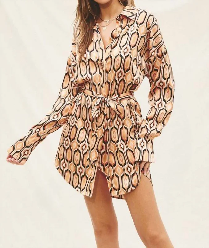 Trend Leading Collection Tiger Eye Shirt Dress In Gold Flowy Fabric