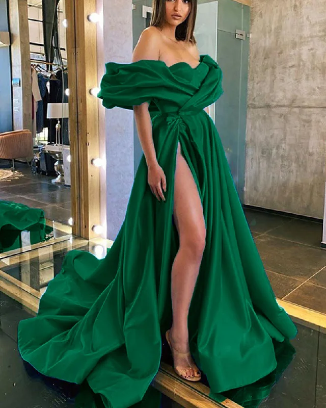 Limited Styles Emerald Green Royal Blue Evening Party Dress Long Poofy Off Shoulder Sleeves A Line Satin Prom Dress PL01119 Soft Textures