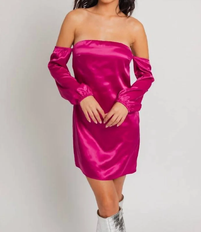 Smart Casual Deals Long Sleeve Off Shoulder Satin Mini Dress In Magenta Graceful Drape