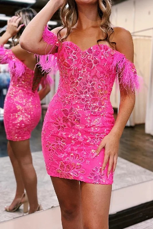 Contemporary Chic Promotions Selena | Bodycon Lace Feathers Off-the-Shoulder Short with Sequin Appliques Homecoming Dresses Elevated Style