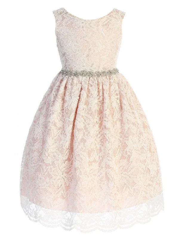 Relaxed Style Big Girls Blush Lace Rhinestone Braided Belt Junior Bridesmaid Dress 8-14 Chic Sophistication