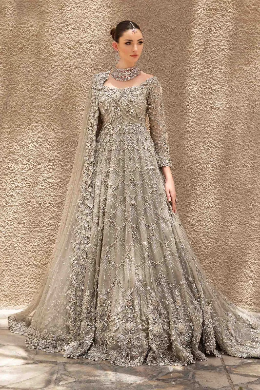 Chic Style Discounts Pakistani Bridal Dress in Grey Gown and Dupatta Style Bold Patterns