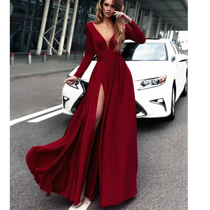 Chic & Cozy Collection Long Sleeves Red/Burgundy Dress Chiffon Sexy Deep V Neck Women Formal Evening Dress Urban Sophistication