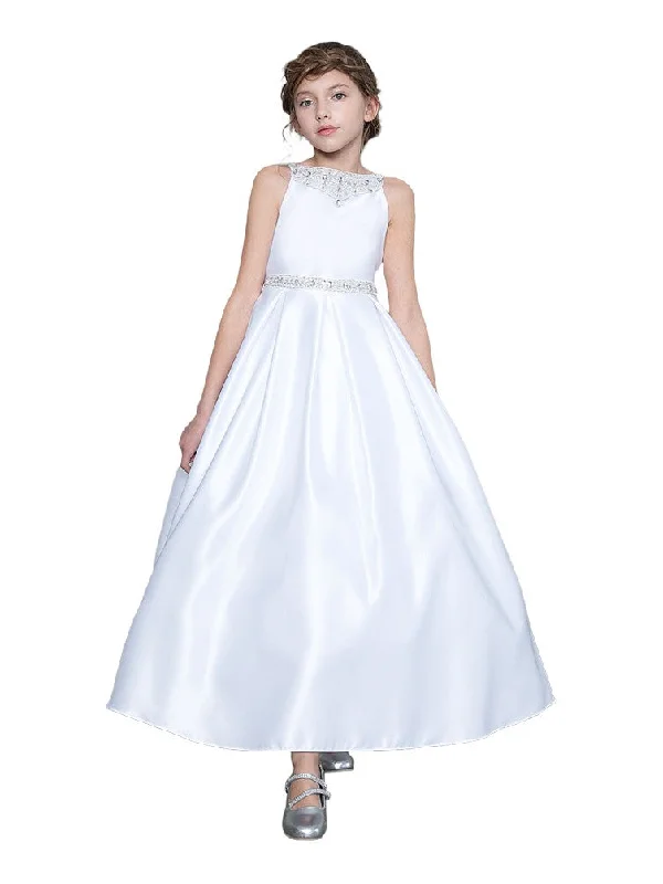 Style Upgrade Big Girls White Satin Rhinestone Neckline Waist Band Junior Bridesmaid 8-18 Nordic Minimalist Home Look