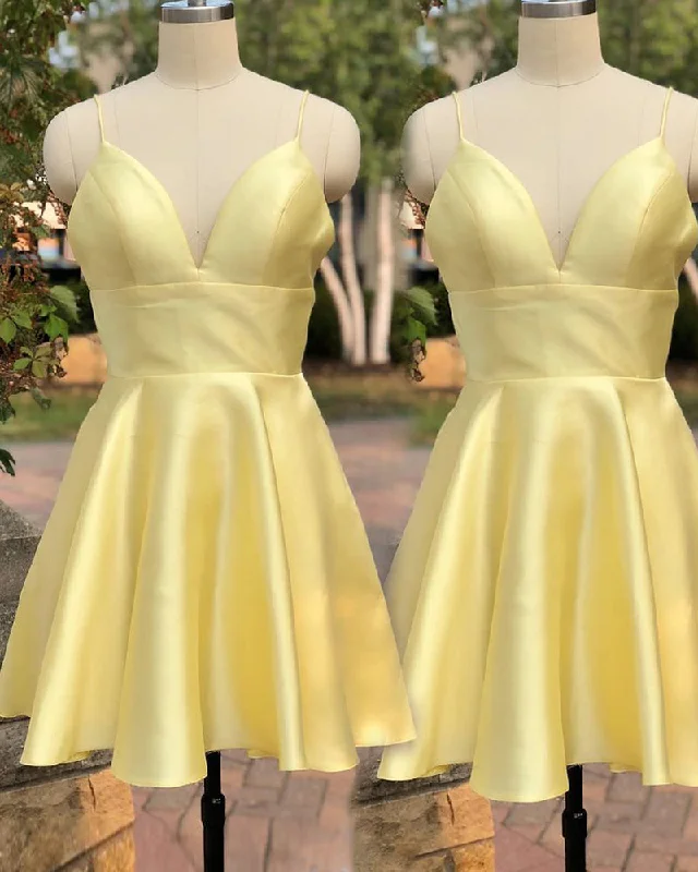 Weekend Exclusive Yellow Satin Short Graduation Prom Dress ,Spaghetti Straps Homecoming Dress 2020 SP0717 Sleek Design