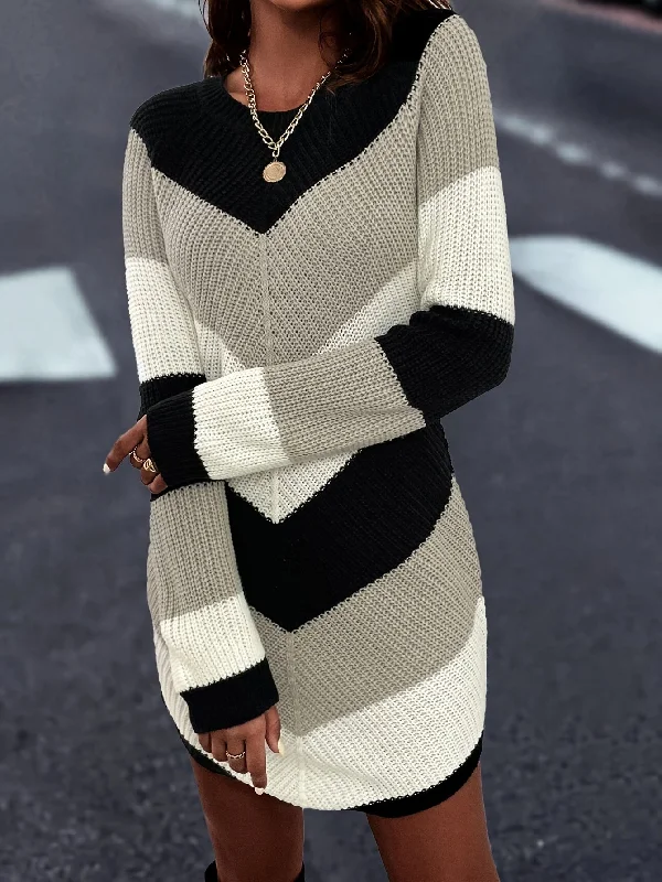 Luxury Fashion Discounts Stylish Color Block Knitted Slim Fit Dress - Sweater Dress with Elegant Crew Neck, Long Sleeves, and Mini Length for Fall and Winter - Soft, Cozy, and Versatile Women's Clothing for Everyday Wear Bohemian Vibe