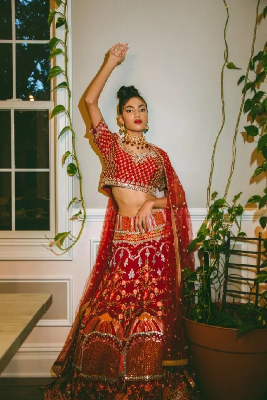 Special Offer Red Embroidered  Bridal Lehenga Choli - Rent Minimalist Elegant