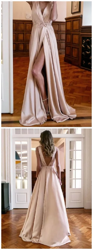 Limited Time Simple A-line Sleeveless V-neck Slit Backless Prom Dresses   cg9301 Final Clearance