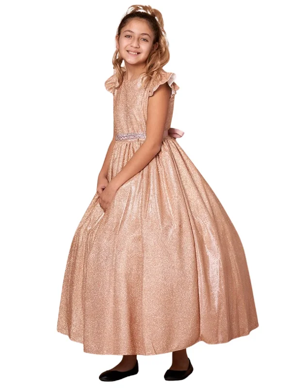 Comfortable Chic Big Girls Rose Gold Metallic Flutter Sleeve Junior Bridesmaid Dress 8-16 Elegant Ensemble