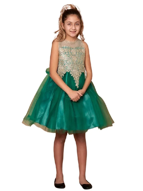 Summer Deals Girls Emerald Green Embroidered Illusion Neckline Junior Bridesmaid Dress 8-18 Rustic Countryside Charm Look