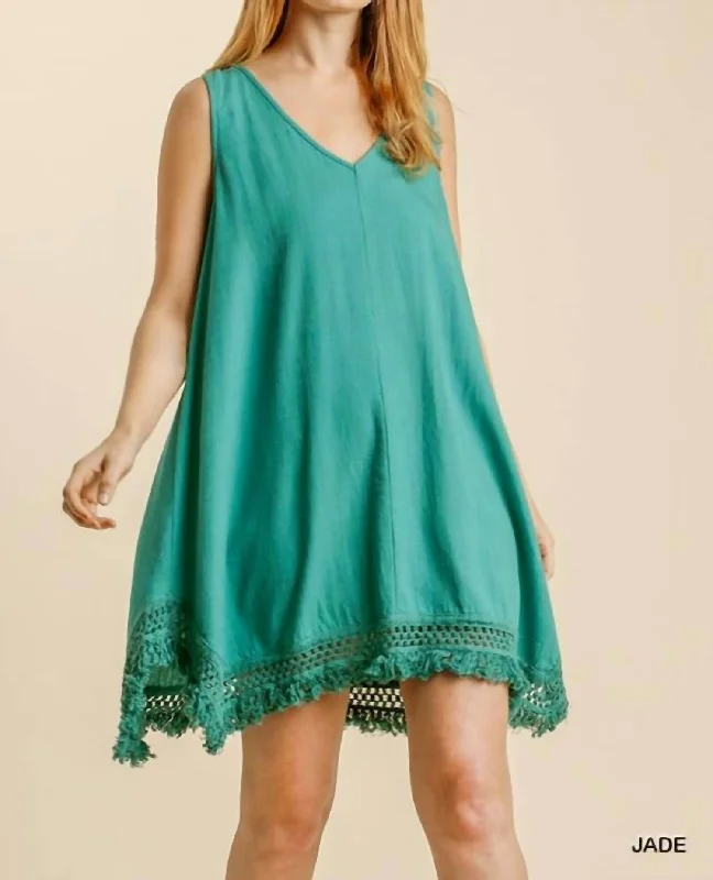 Fashion Deal Linen Blend Crochet Detail Sleeveless Dress With Frayed Shark Bite Hem In Jade Classic Appeal