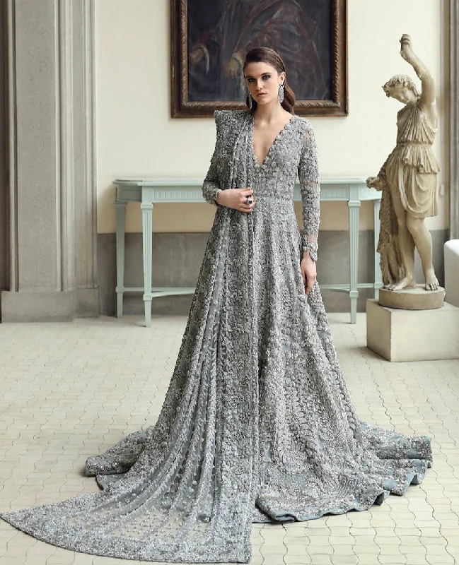 Everyday Elegance Sale Pakistani Bridal Dress in Blue Grey Gown Dupatta Style Disco - Inspired Retro Dance Look