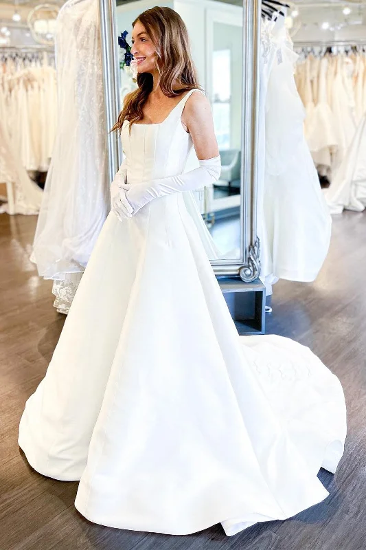 Best Deals Of The Season White Square Neck A-Line Wedding Dress with Bows Effortless Sophistication