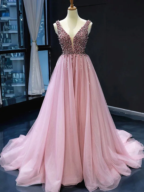 Romantic Chic Deals A Line V Neck Pink Prom Dresses with Corset Back, Pink V Neck Formal Bridesmaid Dresses Feminine Elegant