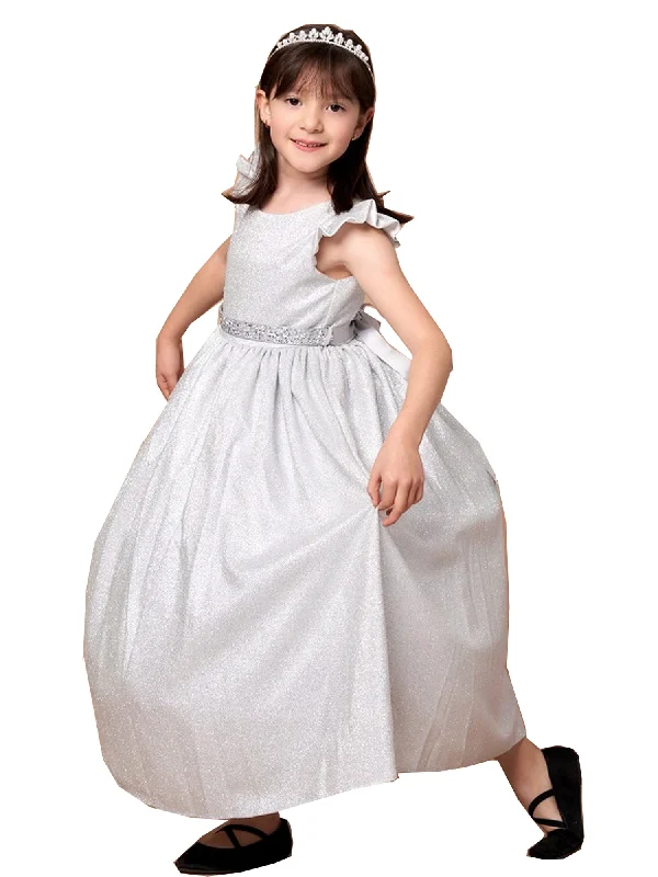 Top Deals Big Girls Silver Metallic Flutter Sleeve Junior Bridesmaid Dress 8-16 Dreamy Draping