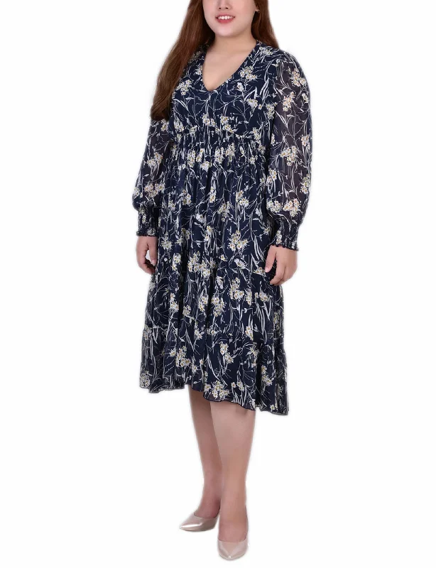 Hurry Before It'S Gone Plus Size Long Sleeve Clip Dot Chiffon Dress With Smocked Waist and Cuffs Exquisite Craftsmanship