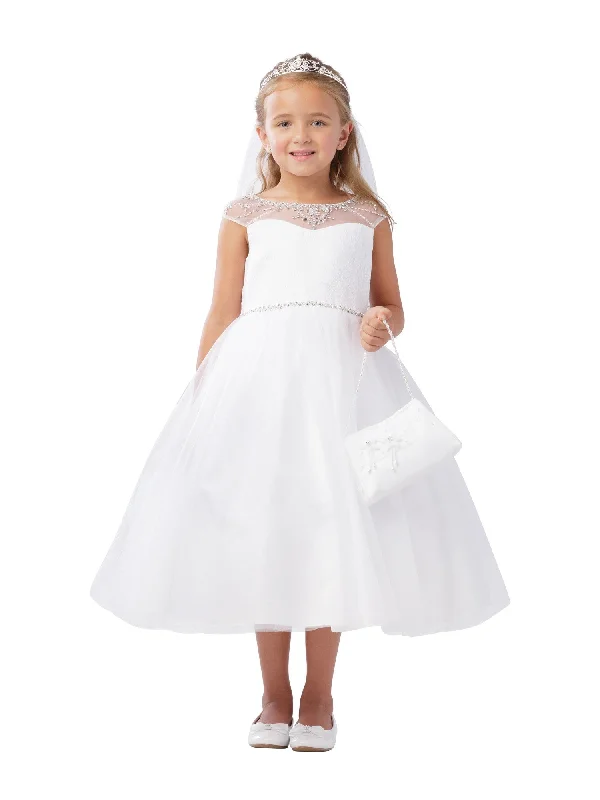 Low Price Special Big Girls Ivory Illusion Neck Pearl Adorned Waist Junior Bridesmaid Dress 8-16 Flowy Fabric