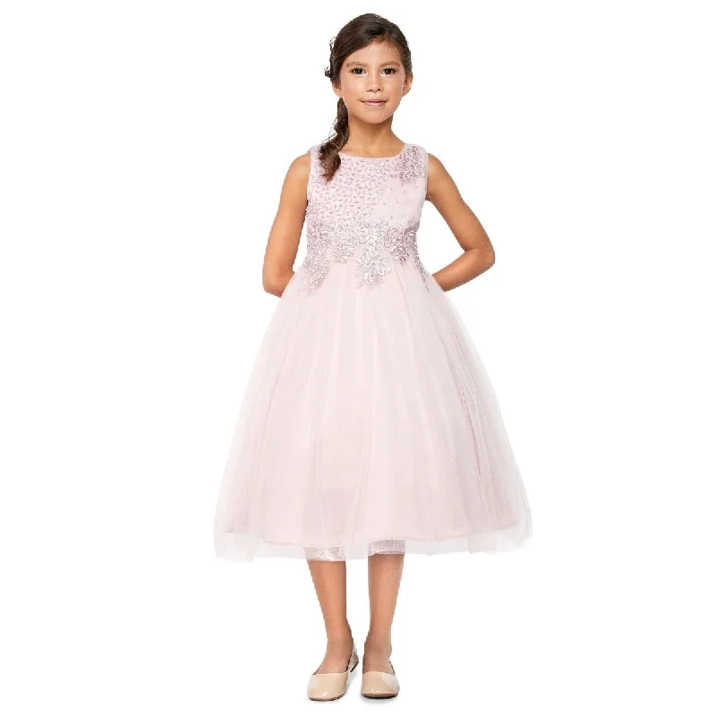 Vibrant Style Promotions Big Girls Dusty Rose Pearl Bead Coiled Lace Tulle Junior Bridesmaid Dress 8-14 Bohemian Vibe