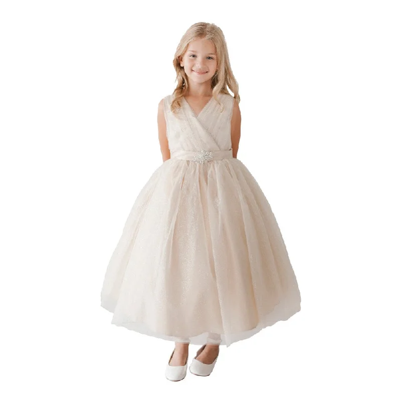 Feminine Luxe Style Sale Big Girls Gold Glitter Tulle Rhinestone Brooch Junior Bridesmaid Dress 8-12 Graceful Cut