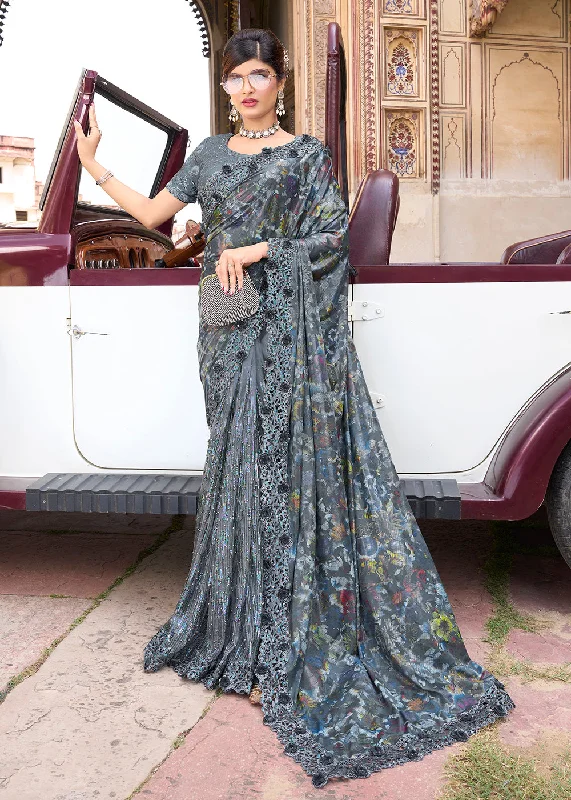 Clearance Event Enriching Grey Applique Net Designer Bridal Party Wear Saree Flowing Silhouette