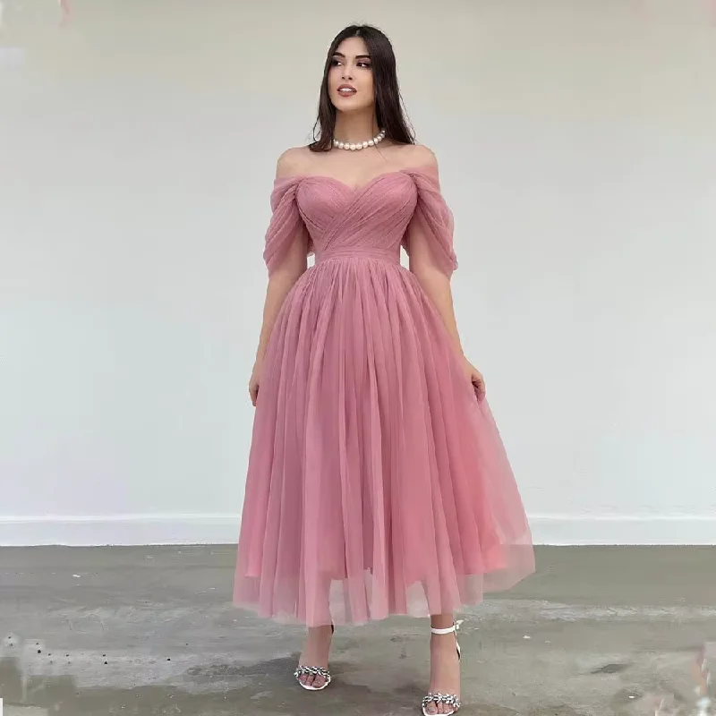 Evening Elegance Dusty Pink Off The Shoulder Pleat Sweethart Tulle A Line Prom Dresses Custom Made Formal Bridal Grown 2024 Homecoming Wear Soft Textures