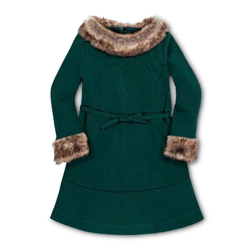 Catch Every Fashion Trend Long Sleeve Ponte Dress with Faux Fur - Baby Polished Finish