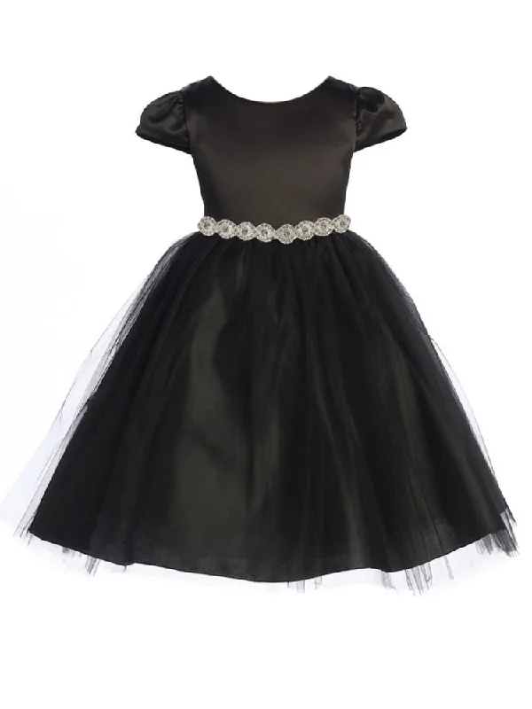 New In This Season Big Girls Black Cap Sleeve Satin Tulle Junior Bridesmaid Dress 8-14 Bold Silhouette