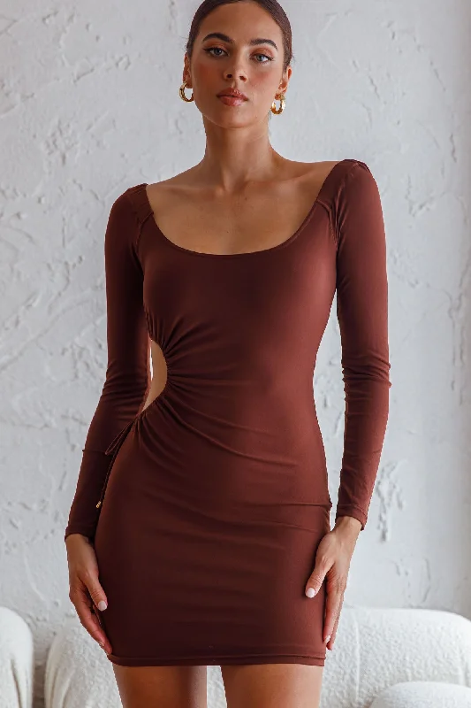 Best Sellers Nikola Cut-Out Feature Long Sleeve Bodycon Mini Dress Chocolate Statement Piece