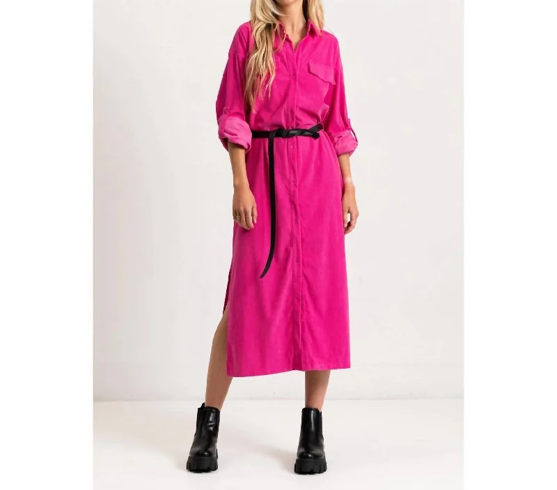 Trendy Women'S Wear Collection Corduroy Roll Up Sleeve Shirt Dress In Pink Dreamy Aesthetic