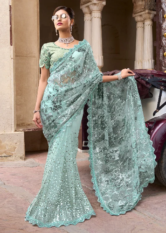 Style Upgrade Gorgeous Sea Green Applique Net Designer Bridal Party Wear Saree Modern Glamour