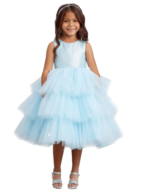 Trendy Women'S Wear Collection Big Girls Sky Blue Metallic Glitter Layered Tulle Junior Bridesmaid Dress 8-12 Alluring Design