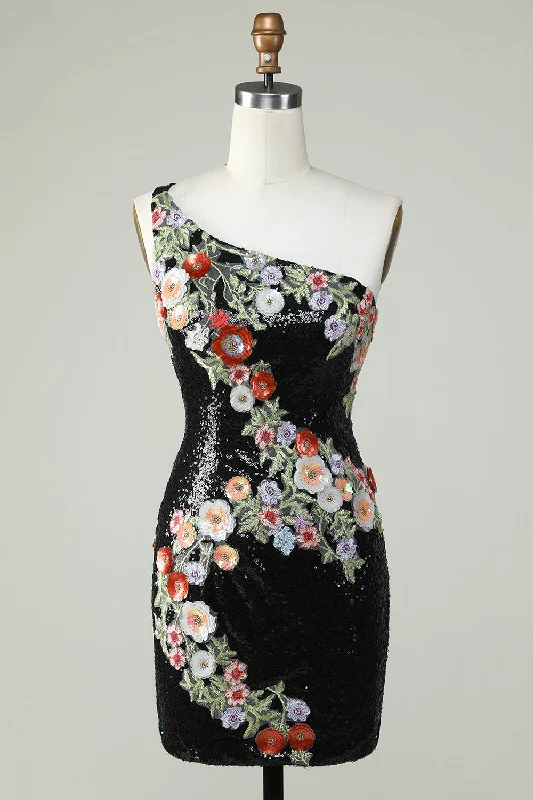 Discover Promotions Bodycon One Shoulder Black Sequin Beading Homecoming Dress with 3d Flowers Disco - Inspired Retro Dance Look