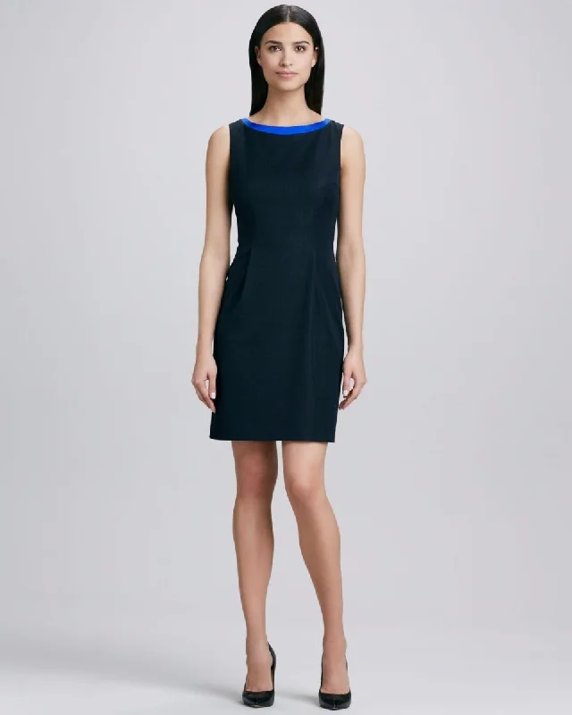 Fashion Forward Femininity ELIE TAHARI Women's Solid Indigo Blue Sleeveless Stretch Dress Sheath Elegant Attire