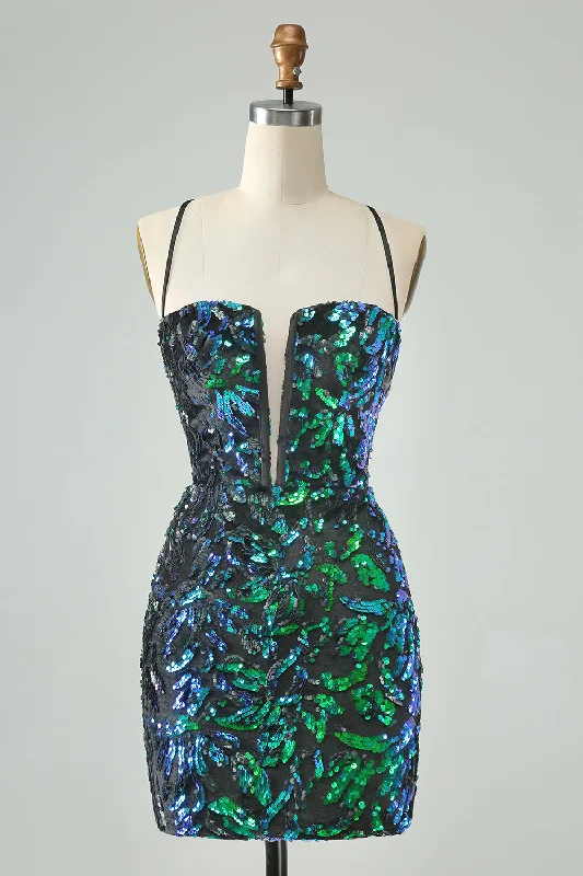 Popular Collection Pretty Green Black Bodycon Sparkly Sequin Short Homecoming Dress Classic Timeless Elegant Style