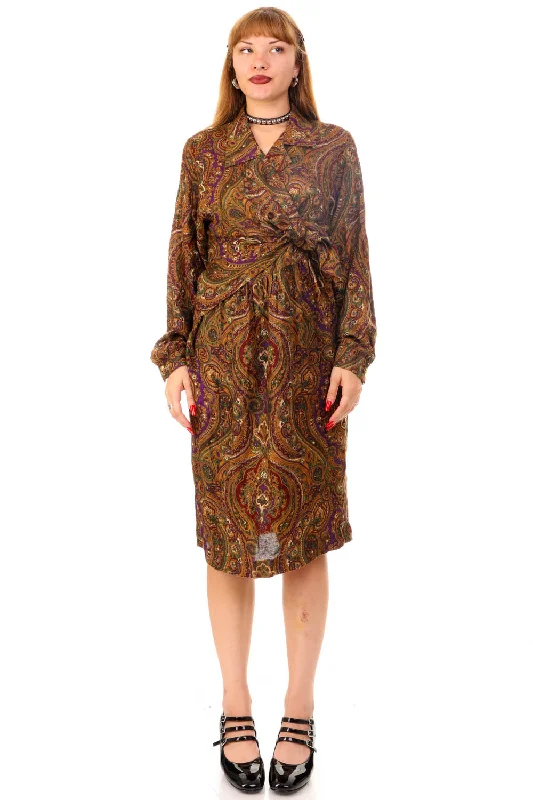 Flash Sale Starts Vintage 80's Paisley Tie-Up Long Sleeve Dress - M/L Coastal Beach - Inspired Style