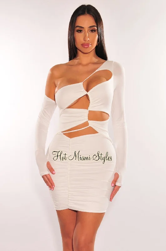 Fashion-Forward Offers White One Shoulder Long Sleeve Drawstring Cut Out Ruched Dress Refined Simplicity