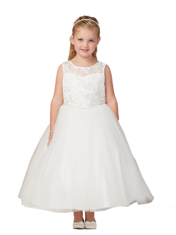 Hot Styles Big Girls Ivory Illusion Lace Tulle Junior Bridesmaid Communion Dress 8-16 Disco - Inspired Retro Dance Look