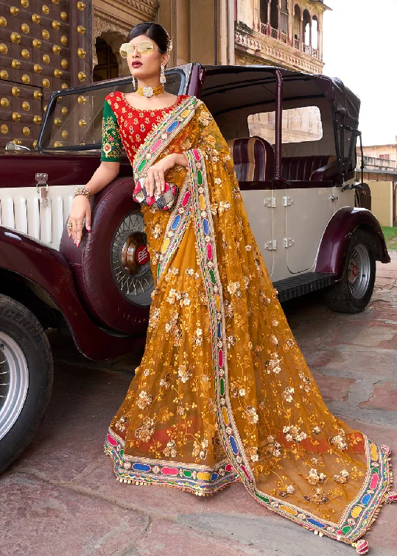 Limited Styles Attractive Mustard Applique Net Designer Bridal Party Wear Saree Chic Sophistication